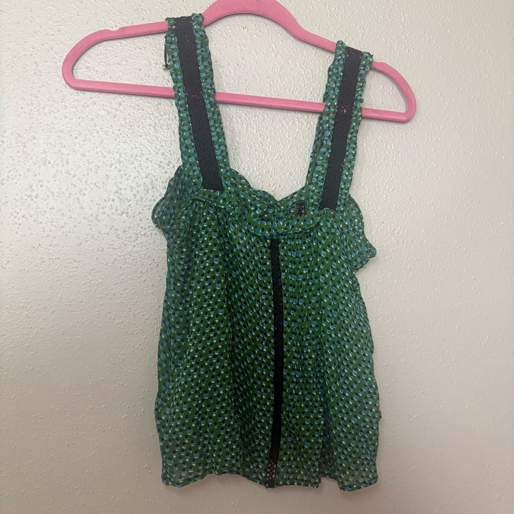 Anthropologie Bardot Blouse Boho Print Crochet Button Front Sleeveless Swing Top - Picture 3 of 8